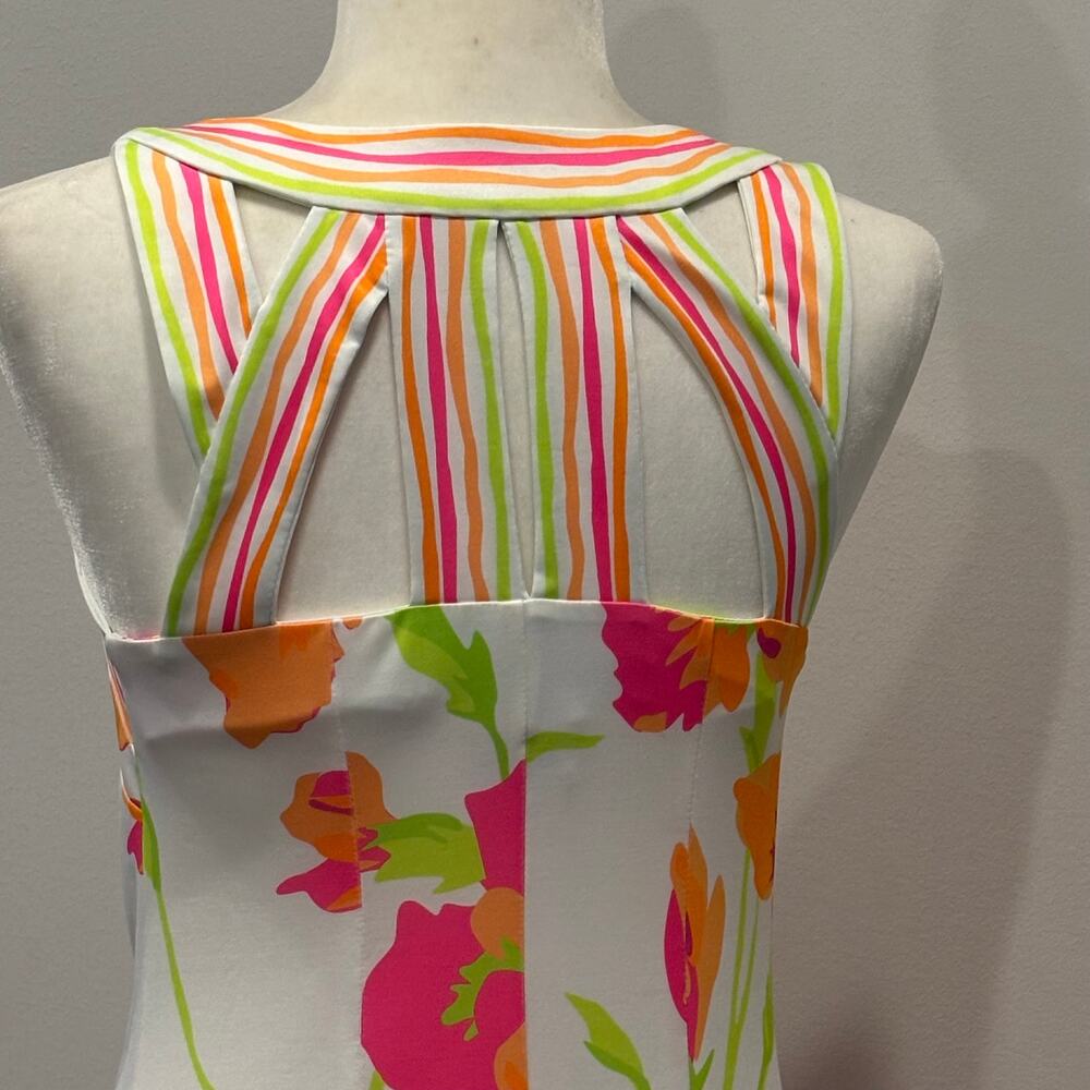 Gretchen Scott Isosceles Icon Dress XS Bright Floral Stripe Neck Stretch Shift - Picture 7 of 11